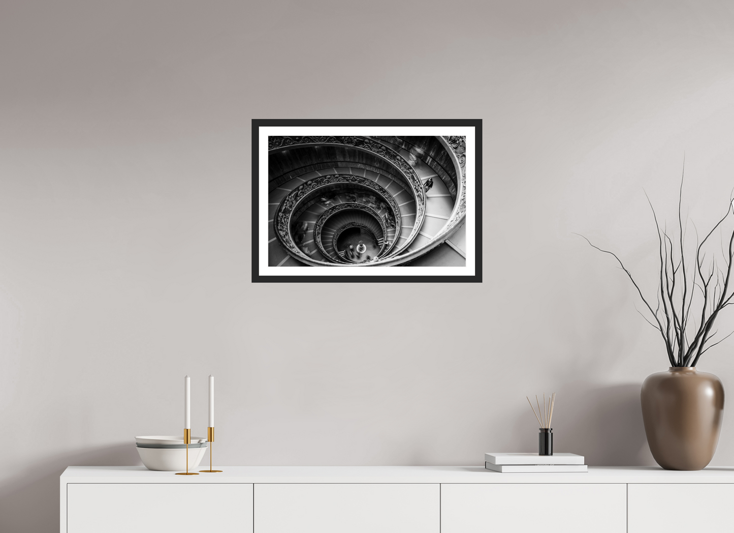 60 x 40 cm, Fine art prints mounted on a black wood frame with passe-partout Bramante staircase