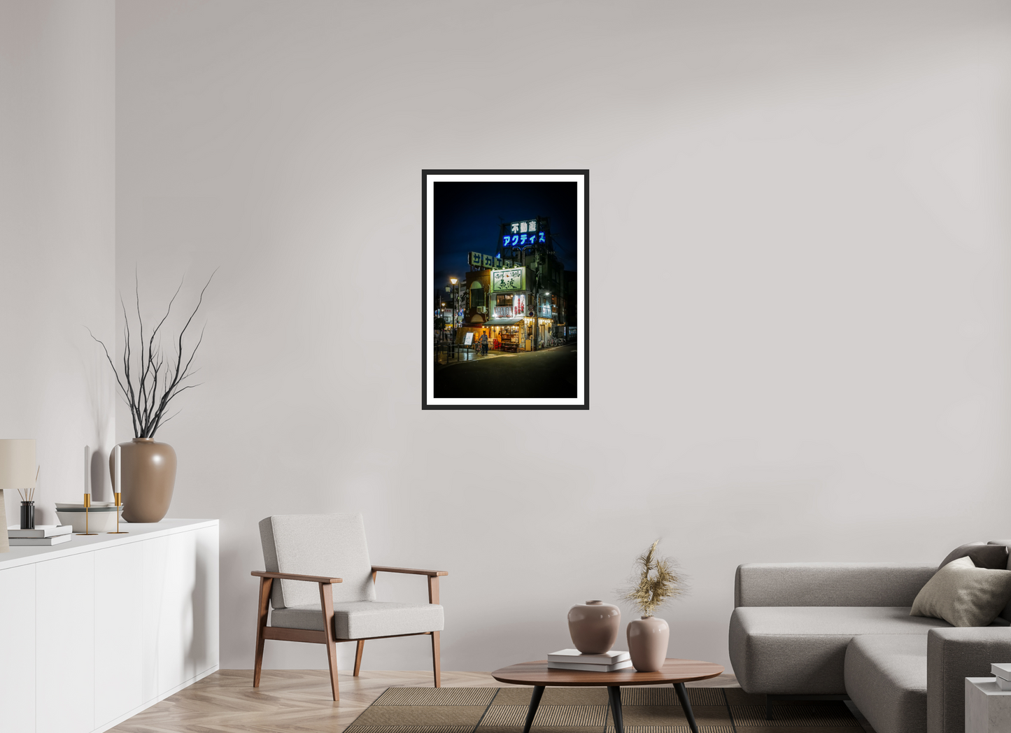 60 x 90 cm, Fine art prints mounted on a black wood frame with passe-partout Tokyo after dark