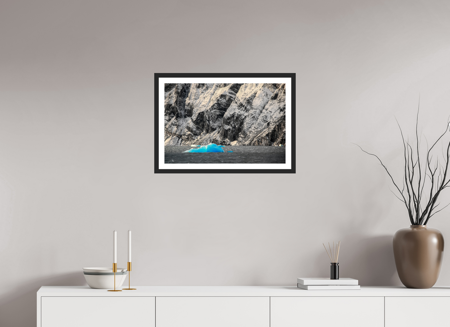 60 x 40 cm, Fine art prints mounted on a black wood frame with passe-partout Blue Ice