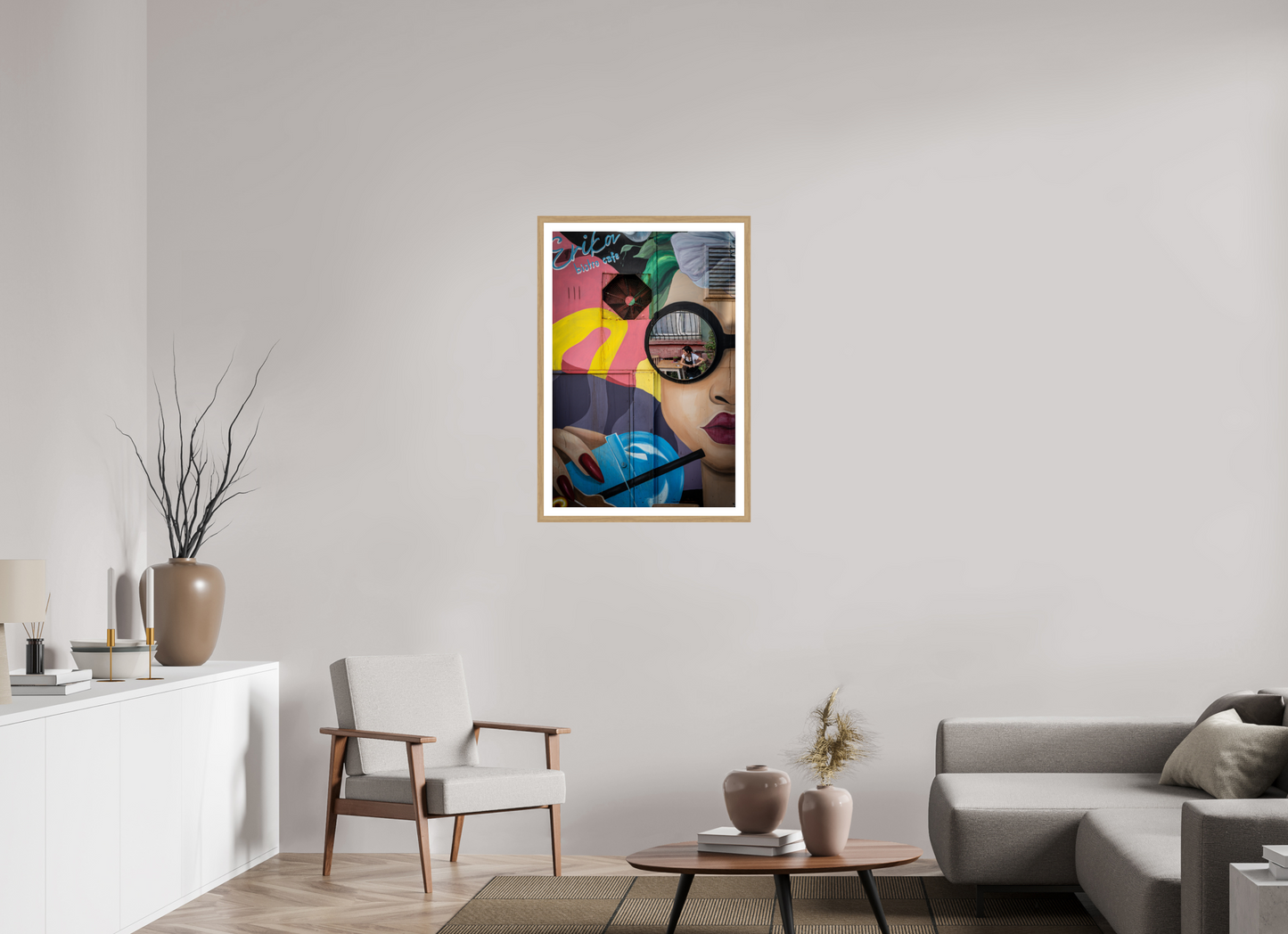 60 x 90 cm, Fine art prints mounted on a natural oak wood frame with passe-partout Urban reflection