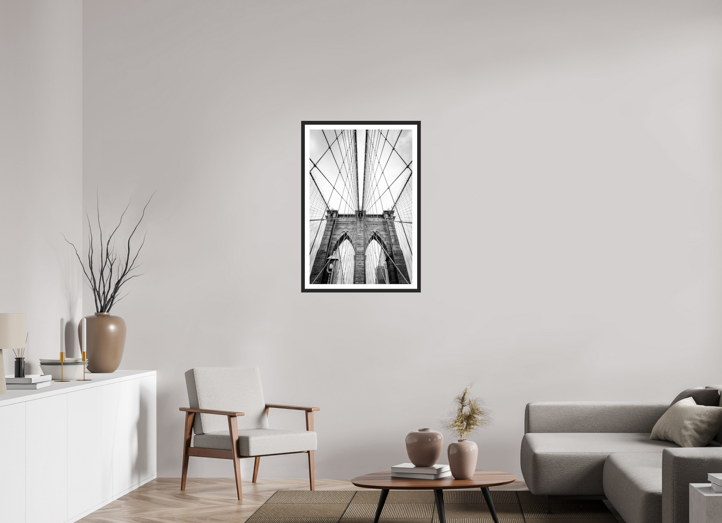 60 x 90 cm, Fine art prints mounted on a black wood frame with passe-partout Brooklyn Bridge