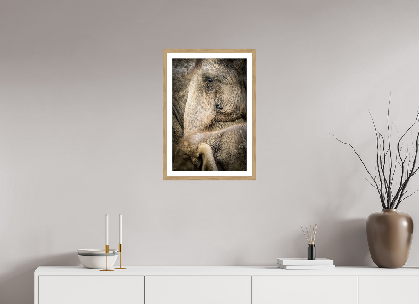 40 x 60 cm, Fine art prints mounted on a natural oak wood frame with passe-partout Wisdom of time