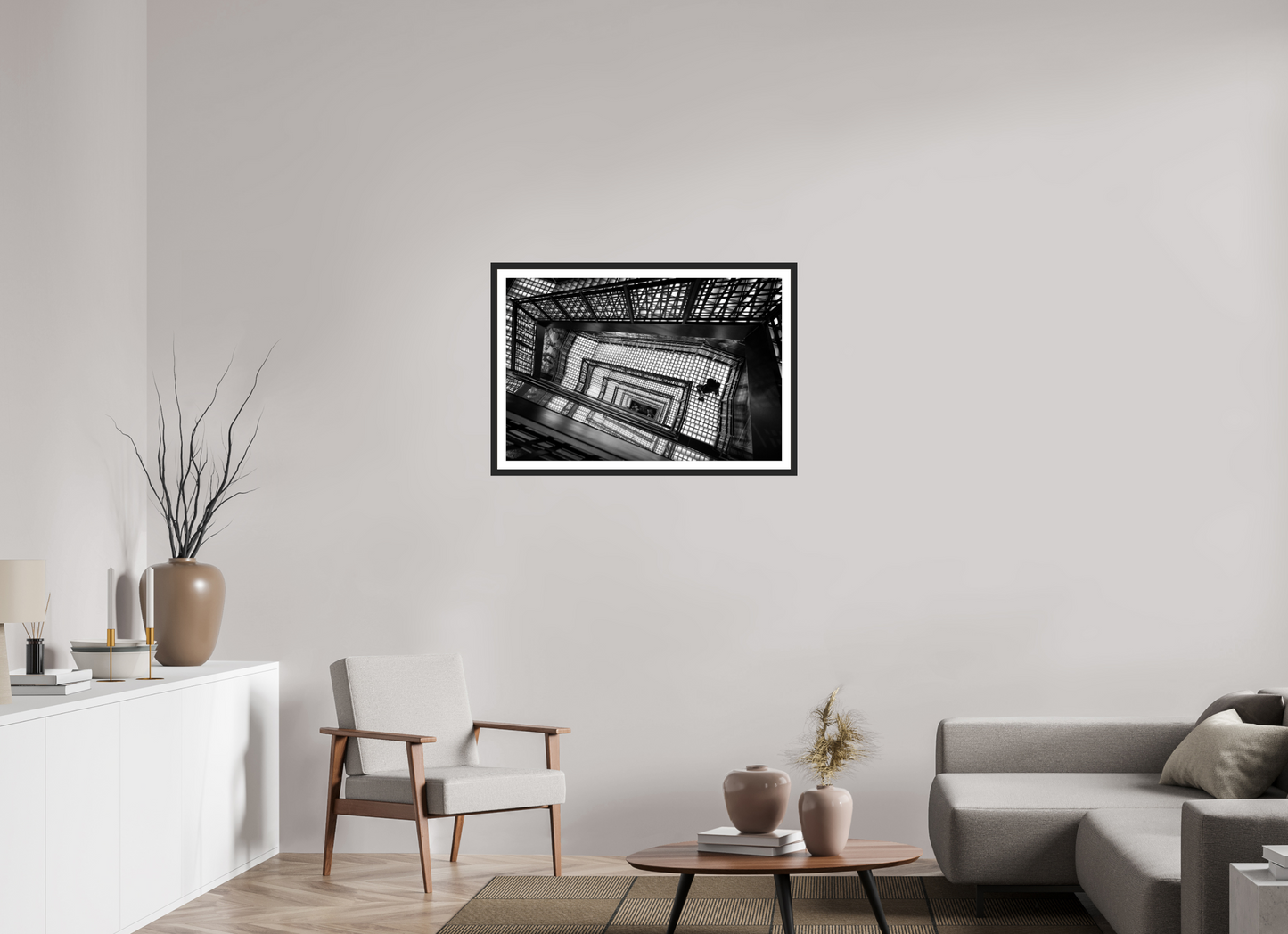 90 x 60 cm, Fine art prints mounted on a black wood frame with passe-partout Endless descent
