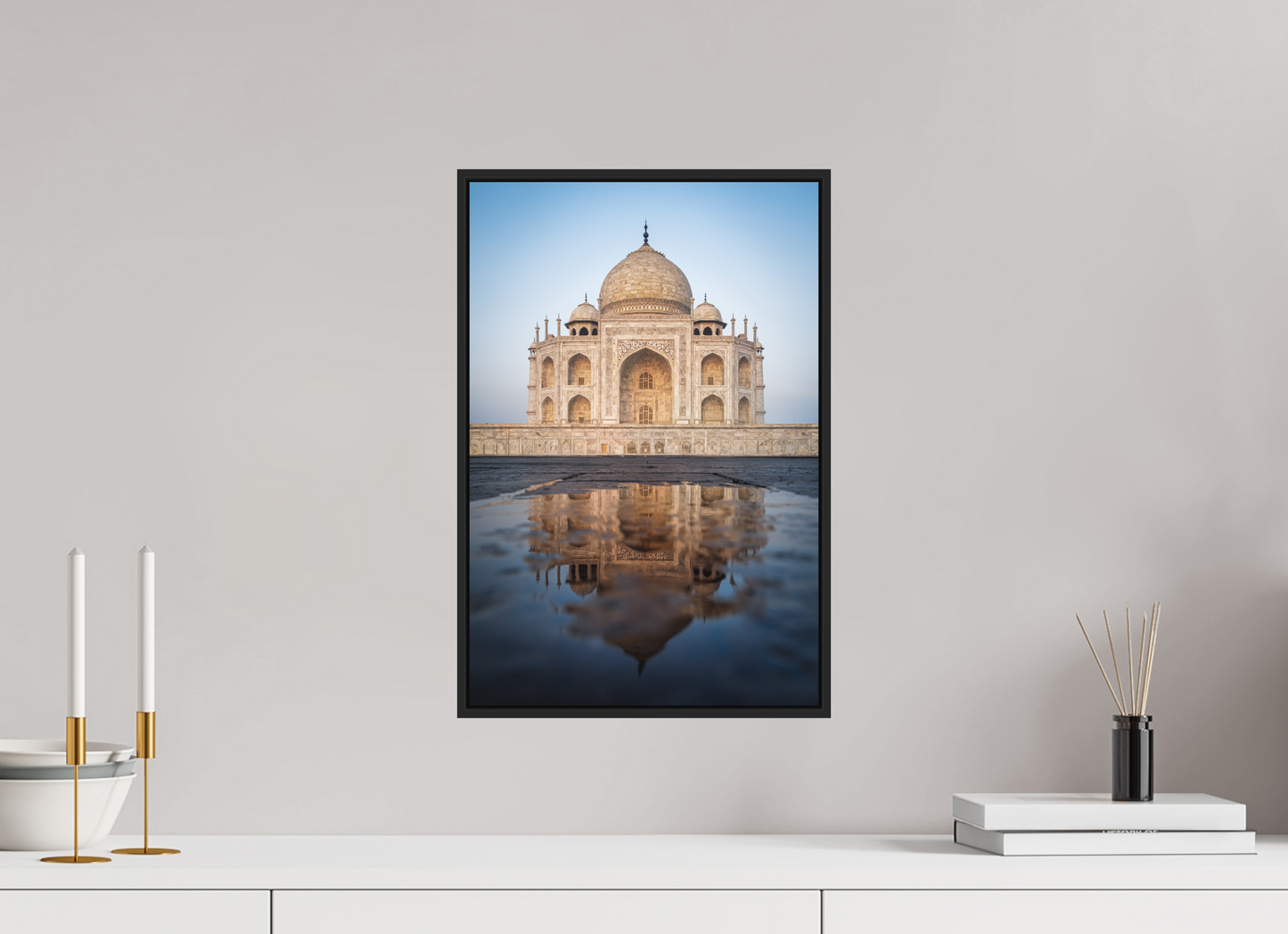 30 x 45 cm, Fine art print under matte acrylic with black frame Taj Mahal