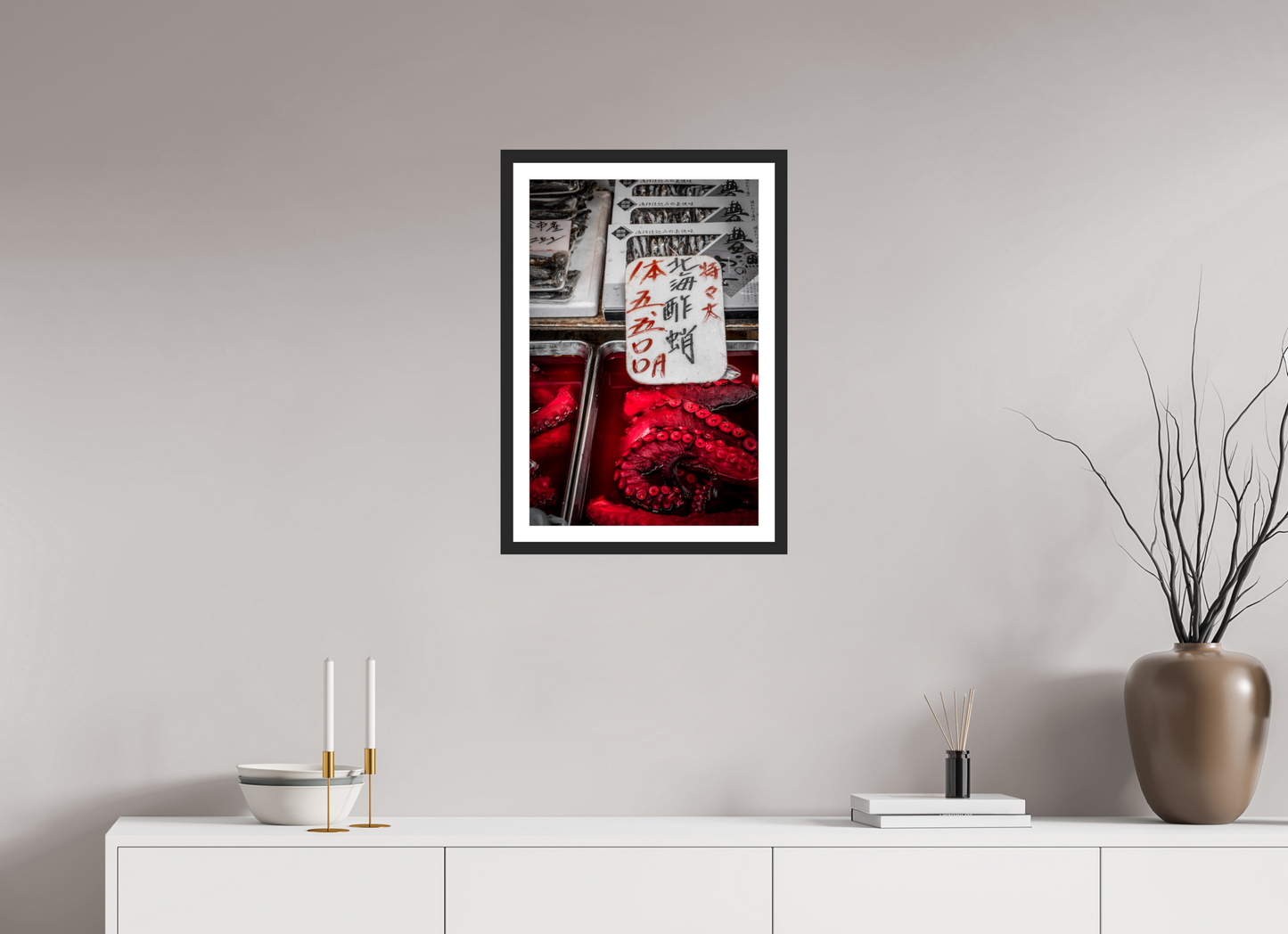 40 x 60 cm, Fine art prints mounted on a black wood frame with passe-partout Red octopus