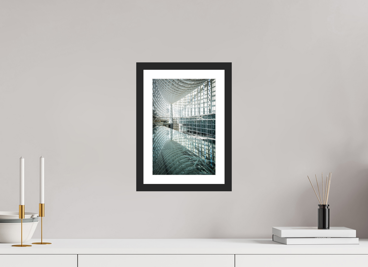 20 x 30 cm, Fine art prints mounted on a black wood frame with passe-partout Tokyo international forum