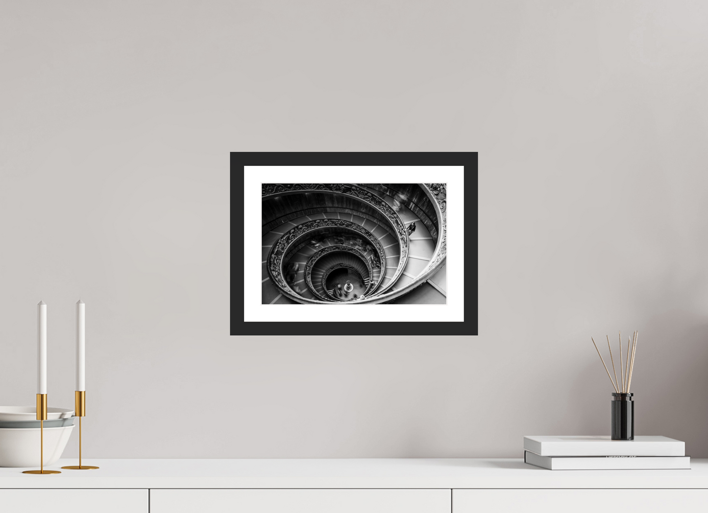 30 x 20 cm, Fine art prints mounted on a black wood frame with passe-partout Bramante staircase
