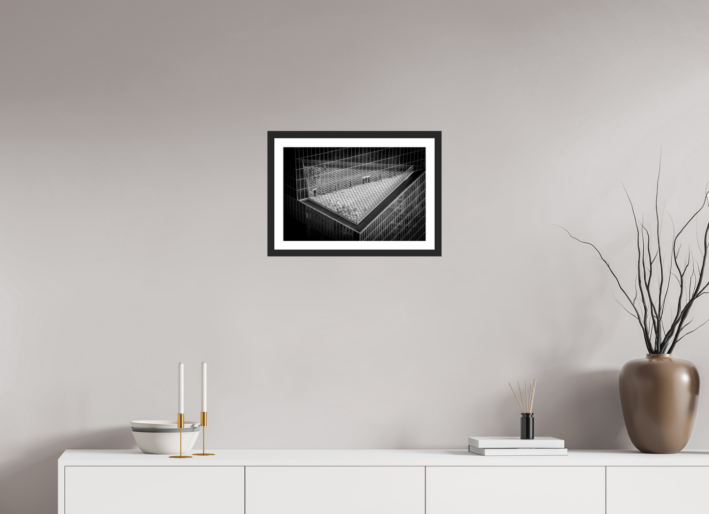 45 x 30 cm, Fine art prints mounted on a black wood frame with passe-partout Urban Geometry