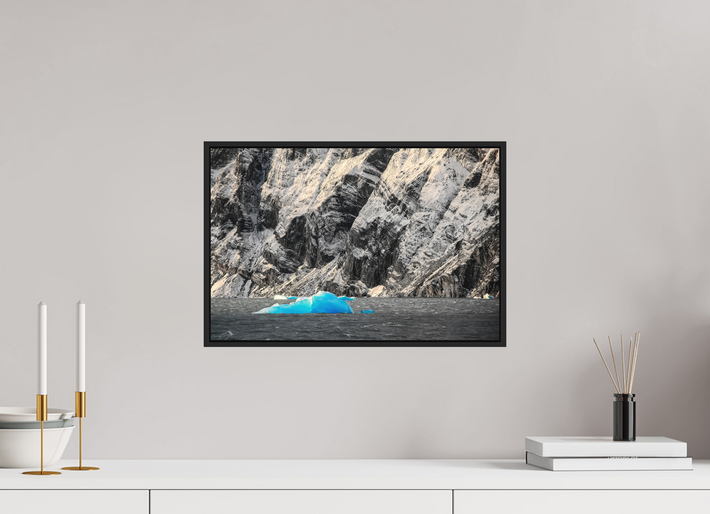 45 x 30 cm, Fine art print under matte acrylic with black frame Blue Ice