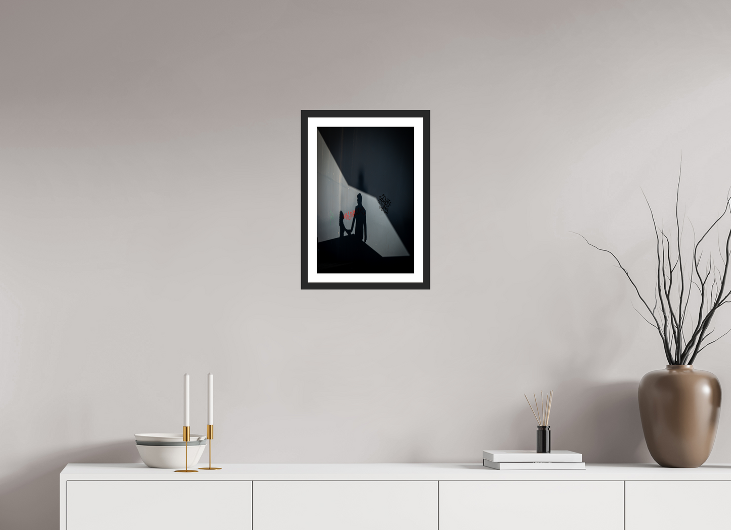 30 x 45 cm, Fine art prints mounted on a black wood frame with passe-partout Two shadows, one story