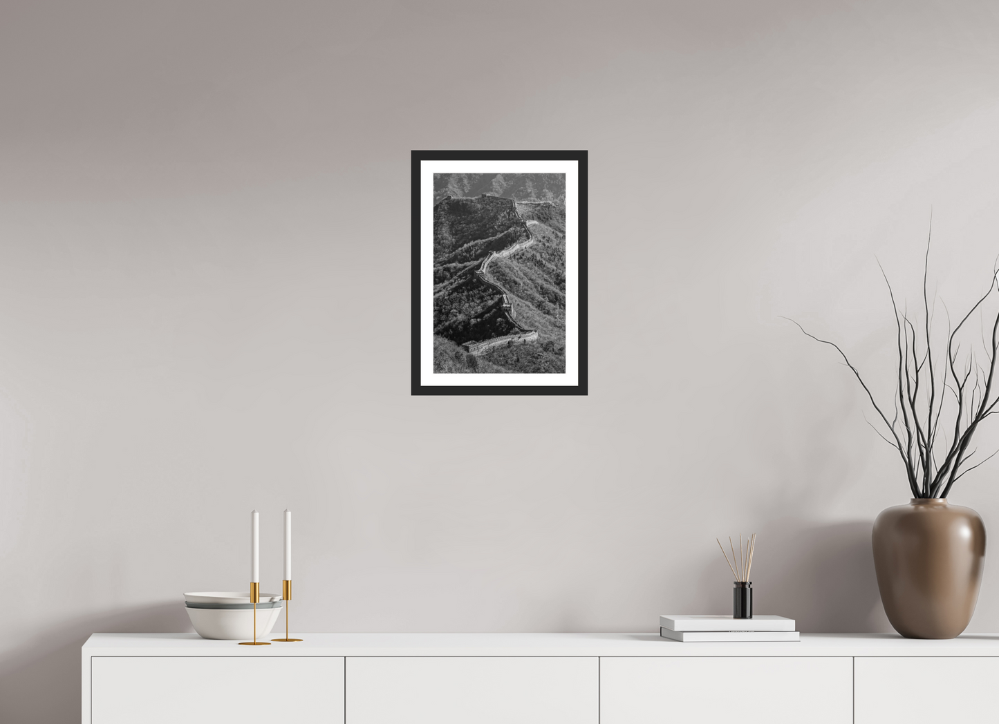 30 x 45 cm, Fine art prints mounted on a black wood frame with passe-partout The great wall