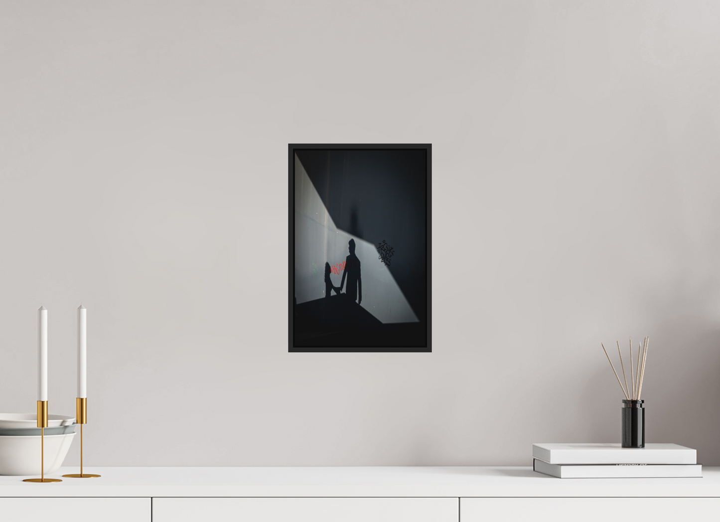 20 x 30 cm, Fine art print under matte acrylic with black frame Two shadows, one story