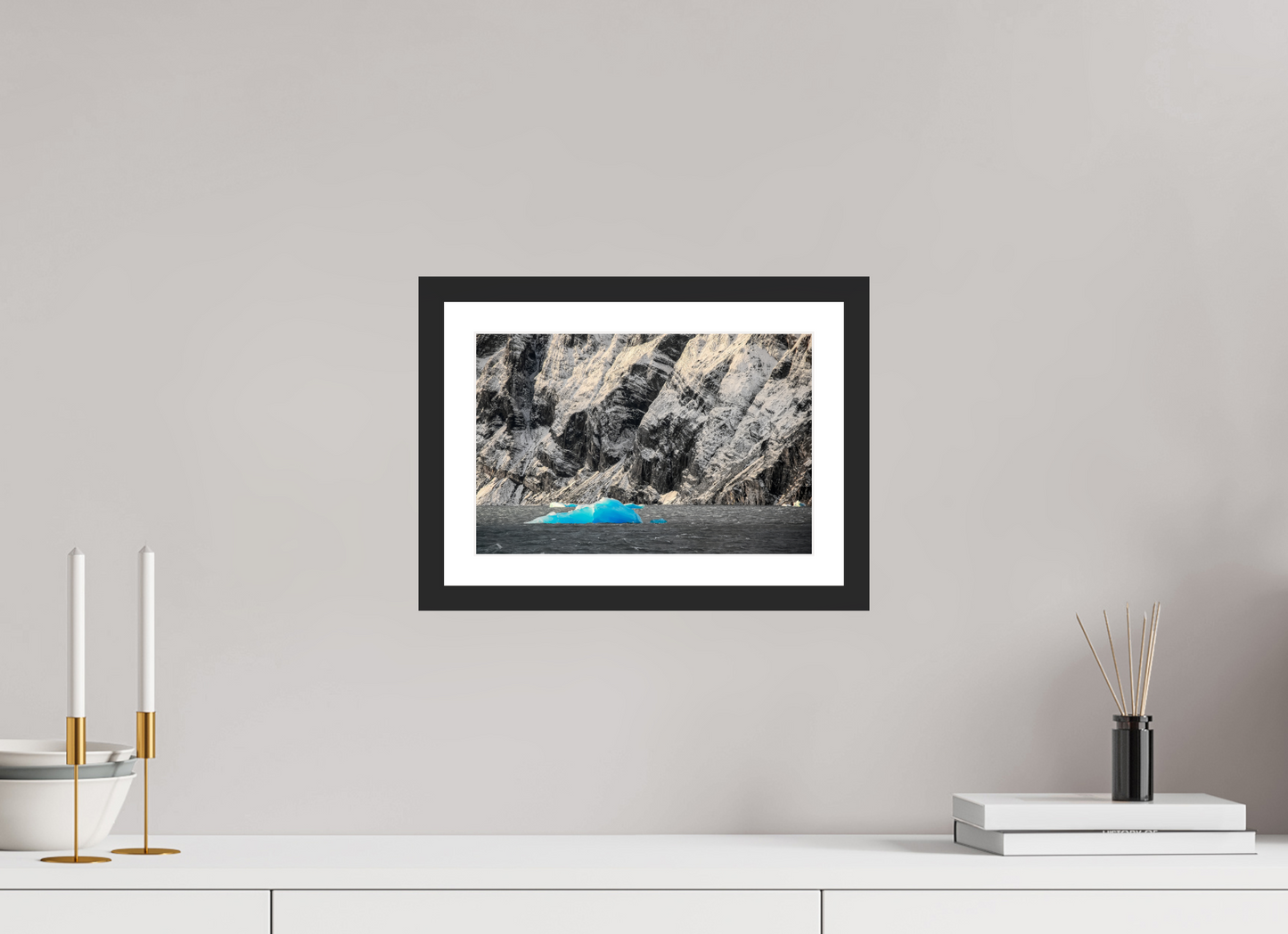 30 x 20 cm, Fine art prints mounted on a black wood frame with passe-partout Blue Ice