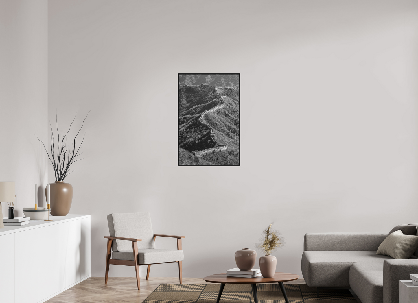 60 x 90 cm, Fine art print under matte acrylic with black frame The great wall