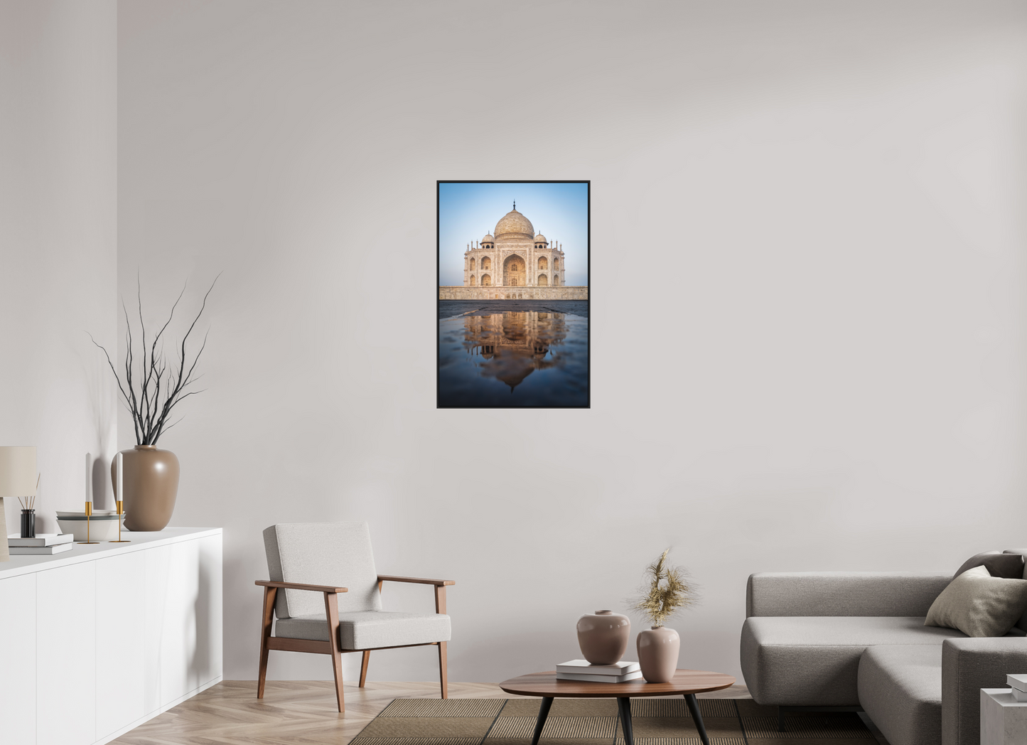 60 x 90 cm, Fine art print under matte acrylic with black frame Taj Mahal