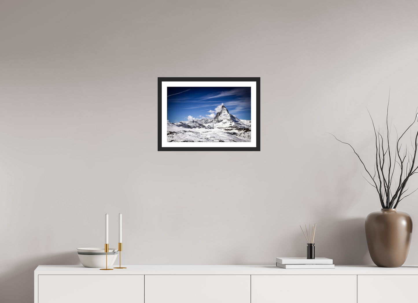 45 x 30 cm, Fine art prints mounted on a black wood frame with passe-partout Matterhorn