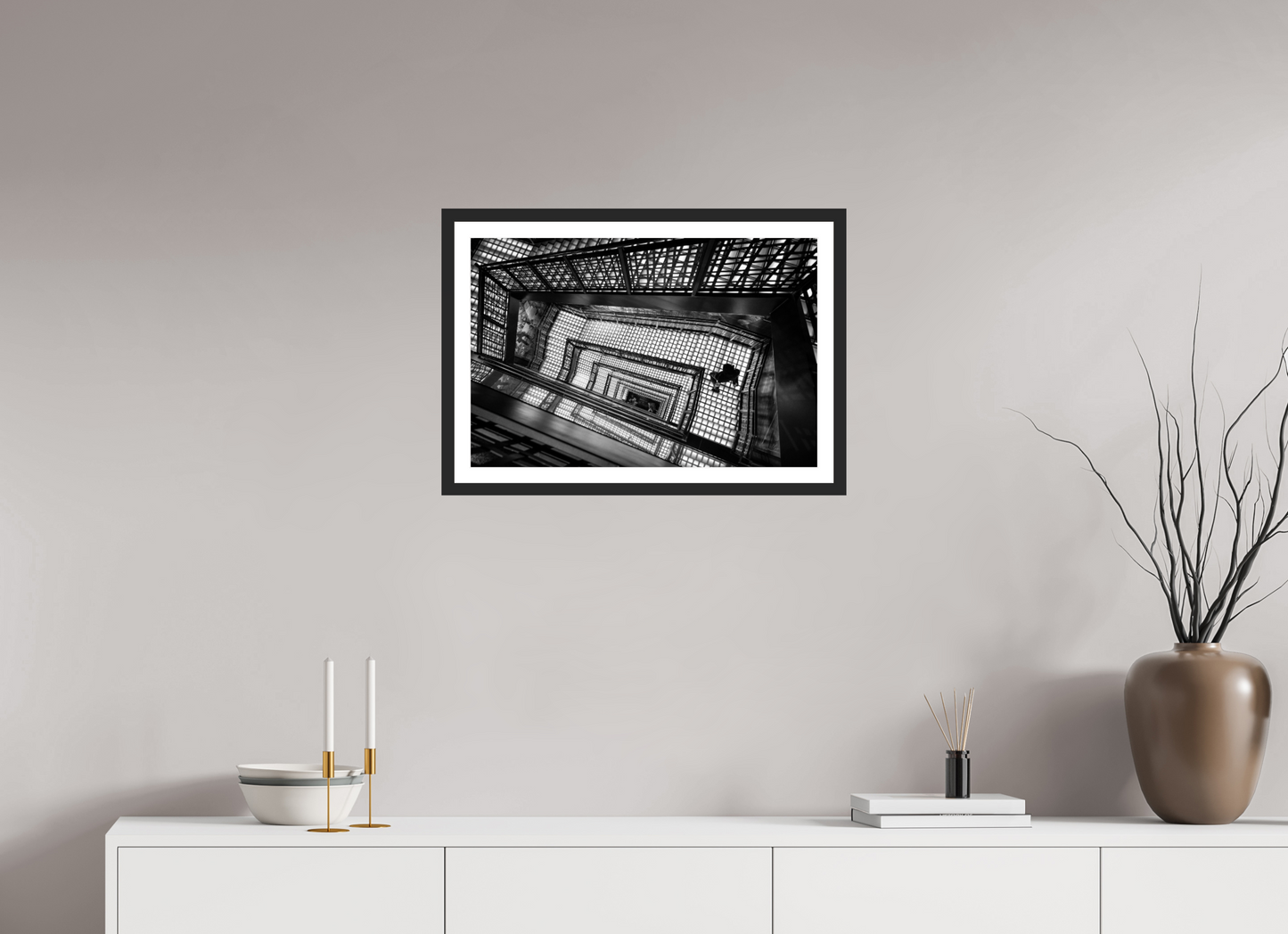 60 x 40 cm, Fine art prints mounted on a black wood frame with passe-partout Endless descent
