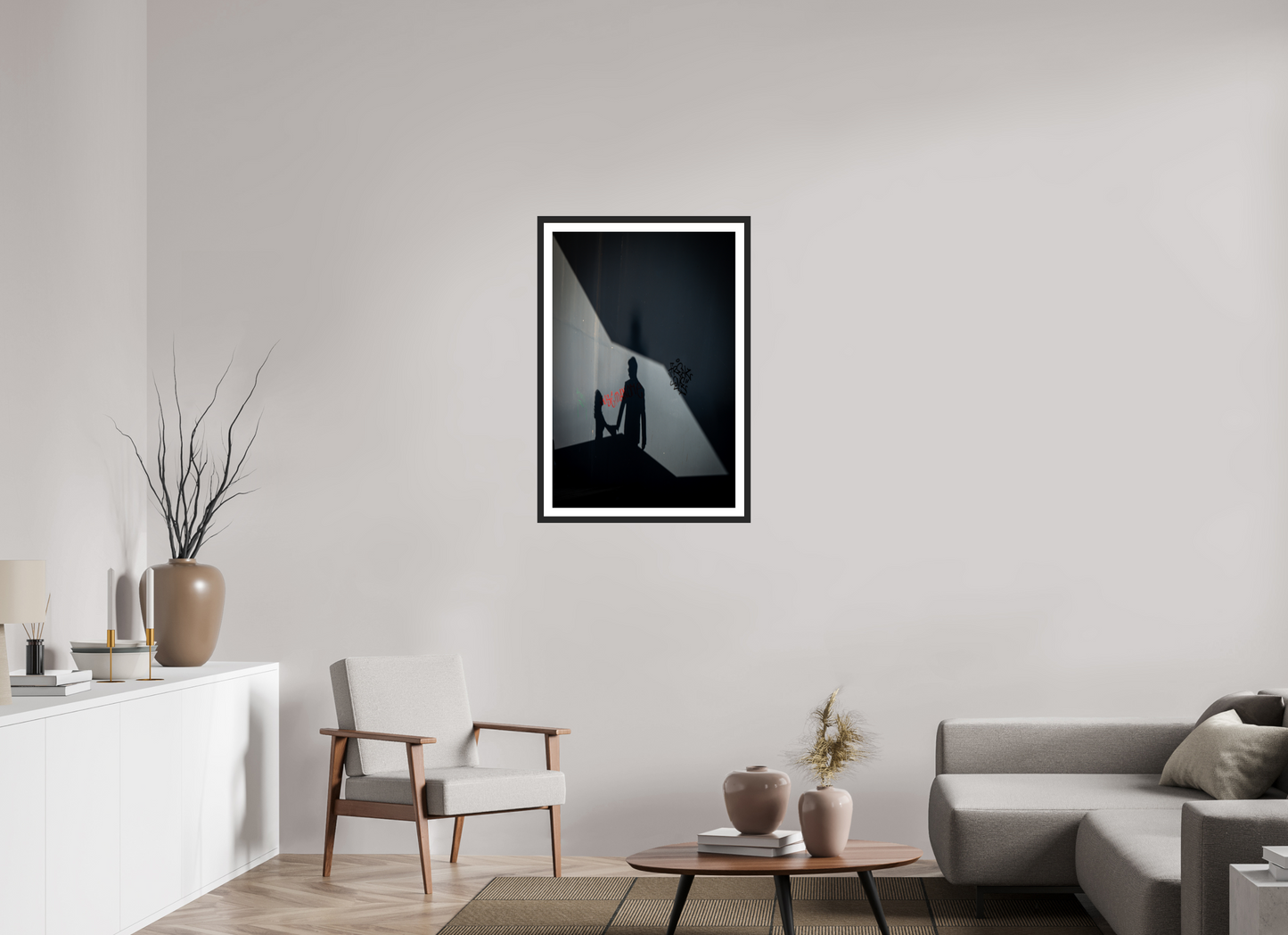 60 x 90 cm, Fine art prints mounted on a black wood frame with passe-partout Two shadows, one story