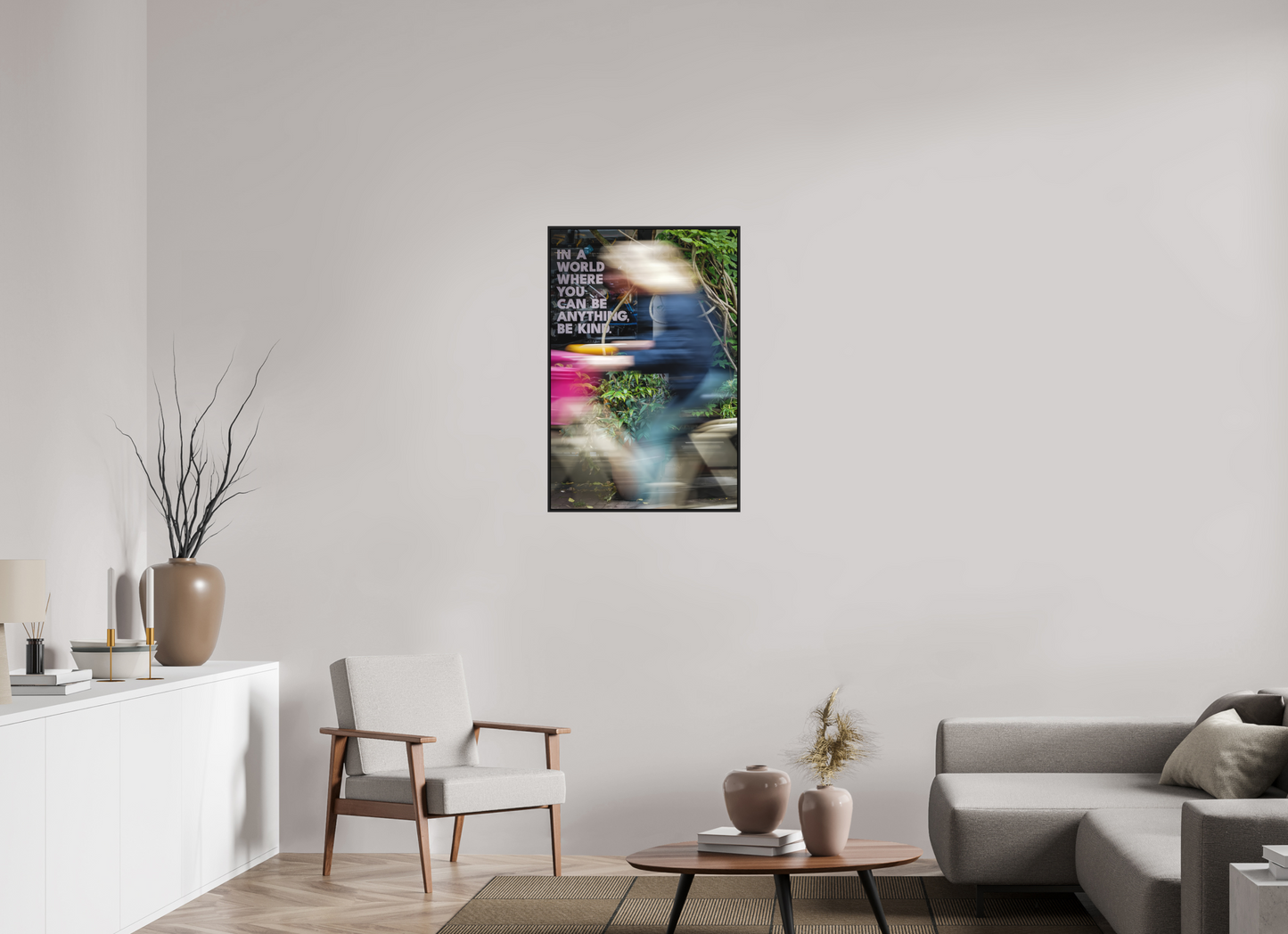 60 x 90 cm, Fine art print under matte acrylic with black frame Be kind