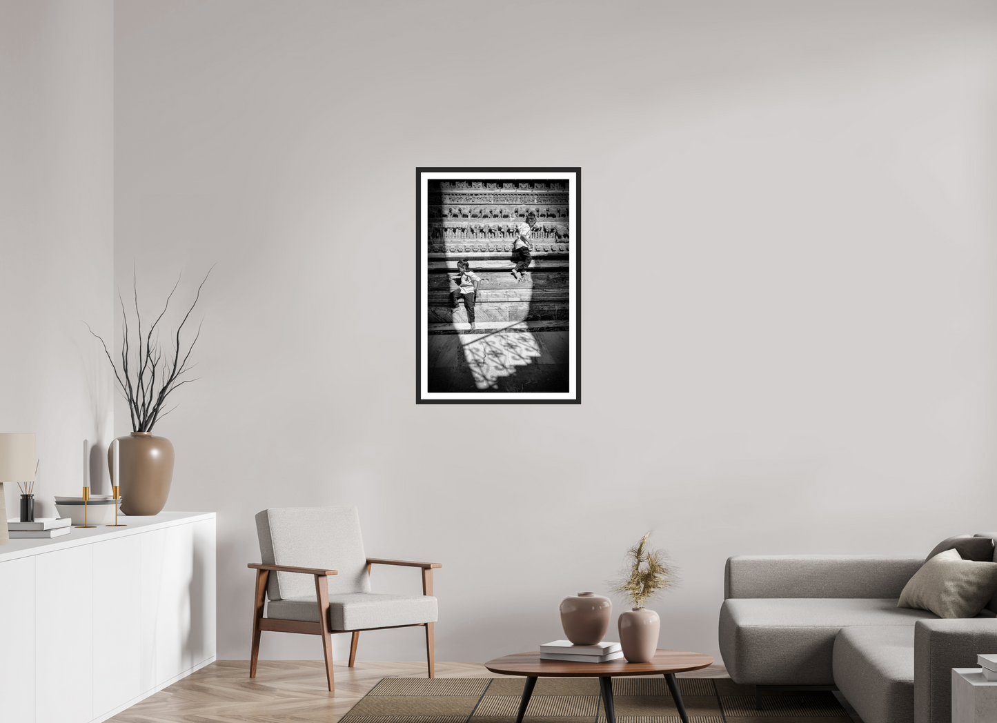 60 x 90 cm, Fine art prints mounted on a black wood frame with passe-partout Stone and laughter
