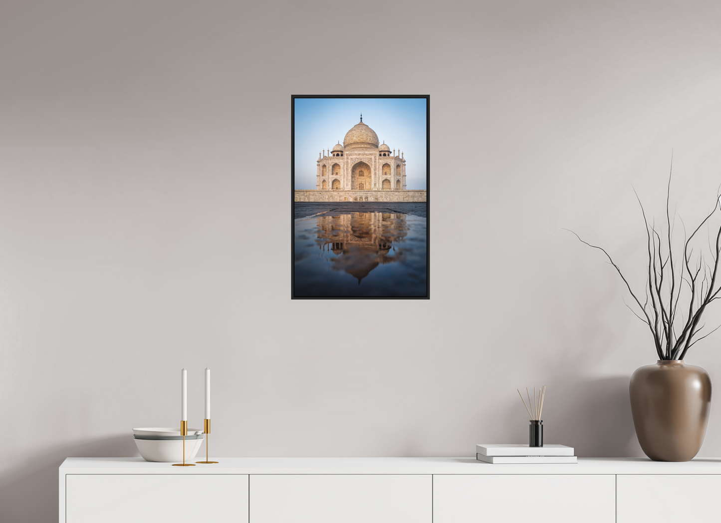 40 x 60 cm, Fine art print under matte acrylic with black frame Taj Mahal