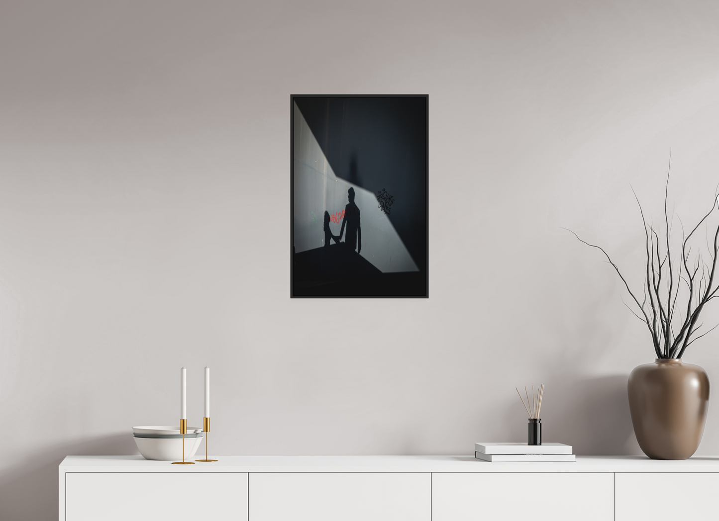 40 x 60 cm, Fine art print under matte acrylic with black frame Two shadows, one story