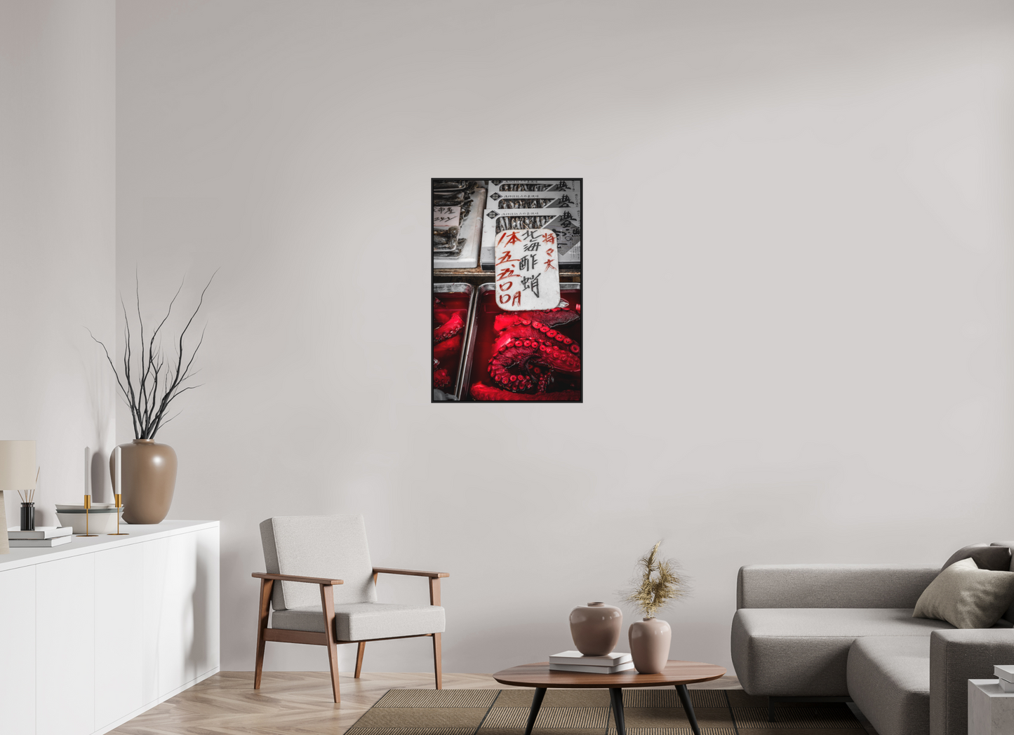 60 x 90 cm, Fine art print under matte acrylic with black frame Red octopus