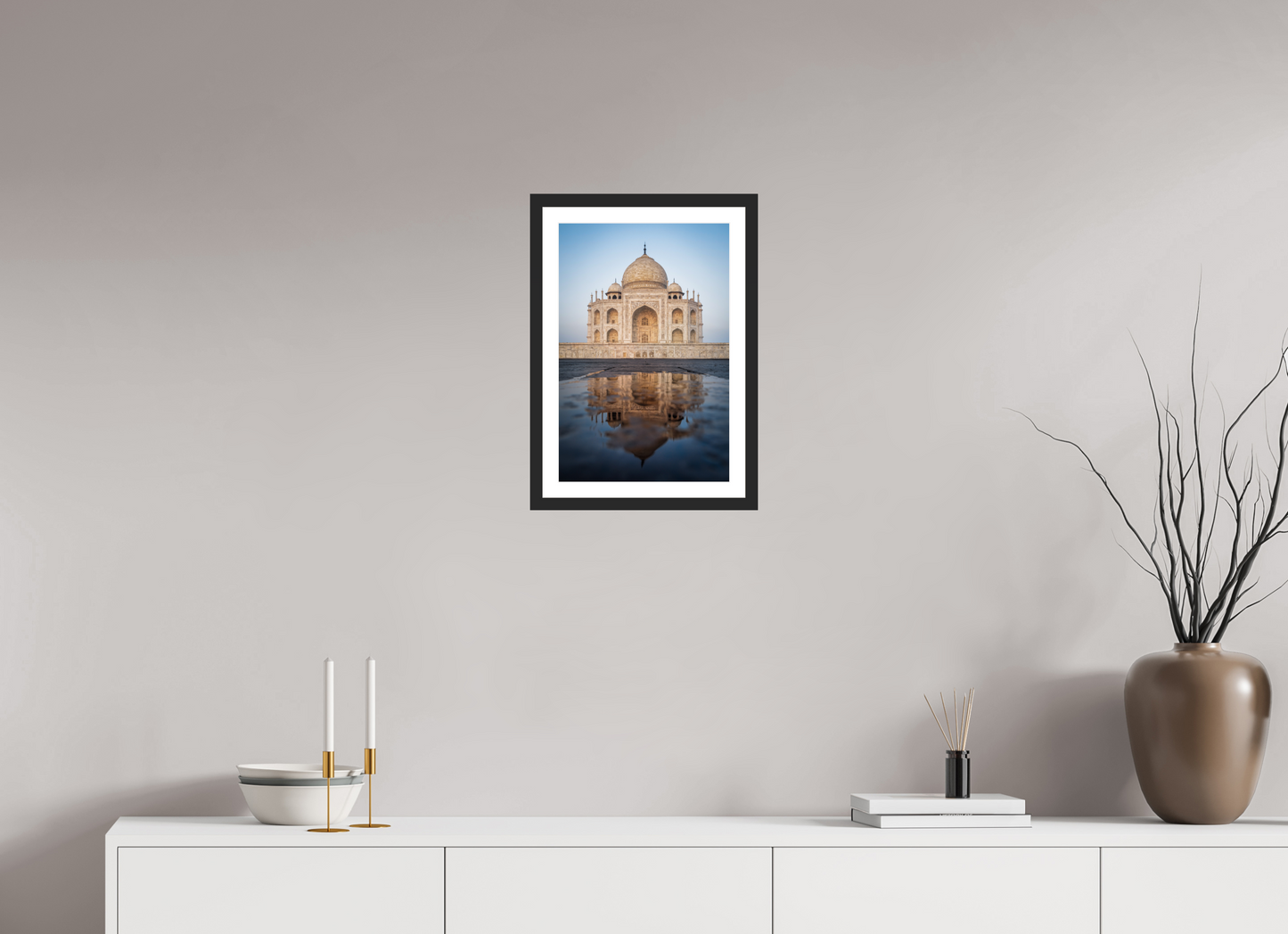30 x 45 cm, Fine art prints mounted on a black wood frame with passe-partout Taj Mahal