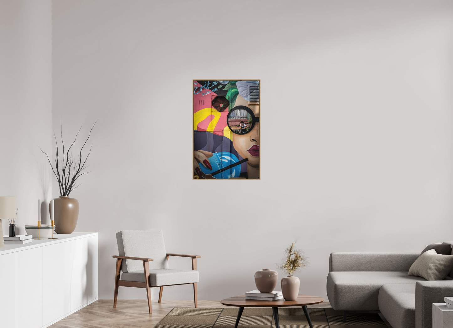 60 x 90 cm, Fine art print under matte acrylic with natural oak frame Urban reflection